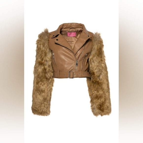 NWT Azalea Wang Cropped Nollie Faux Fur Arms Beige Moto Jacket Size XL - Picture 3 of 8
